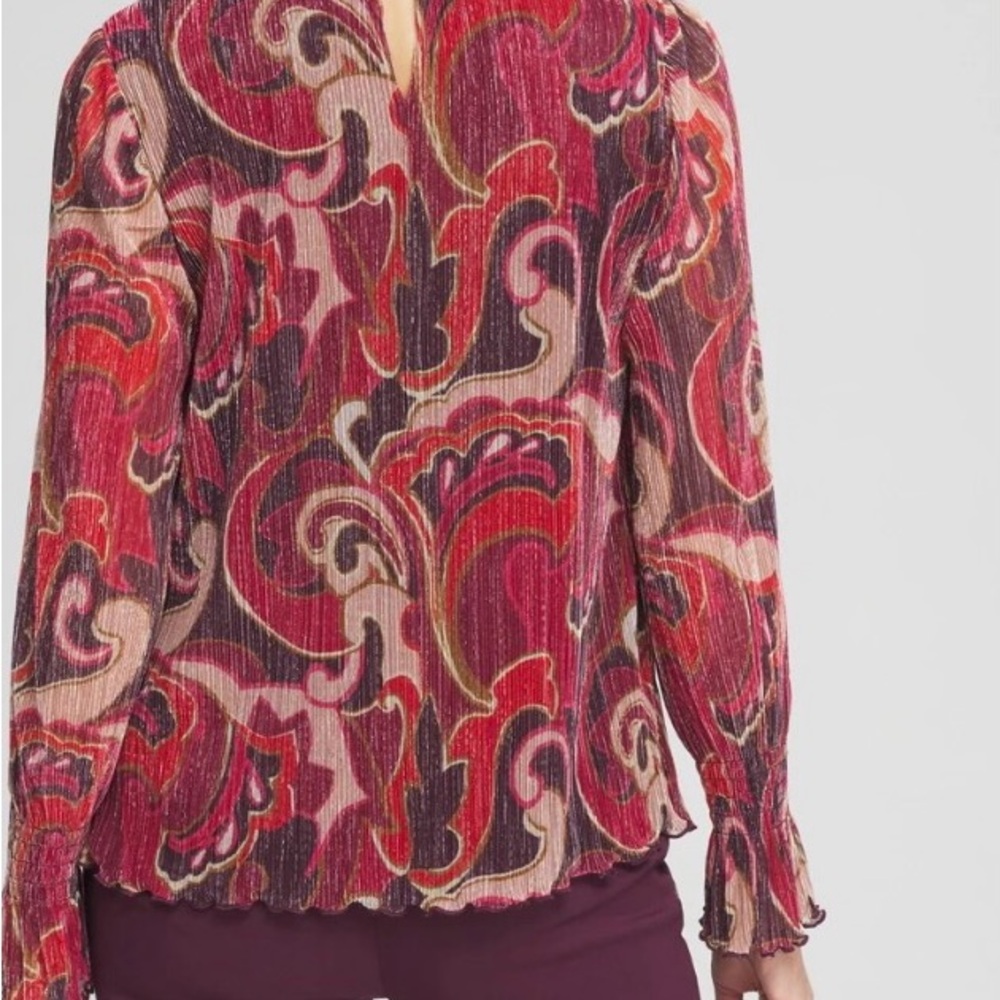 Chico's Red Pleated Fitted Blouse with Mandarin Collar